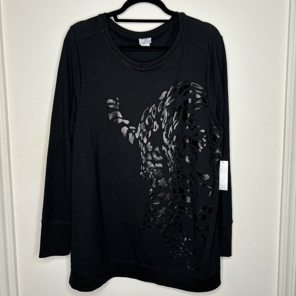 CHICOS Zenergy Animal Foil Print Black on Black Tunic Size 3/XL $25